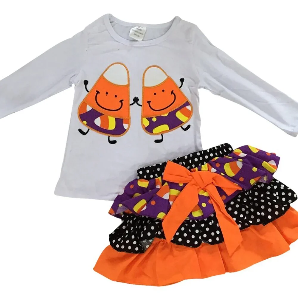 2 Pieces Skirt Set Little Girls Outfit Candy Corn Halloween Costumes School Top